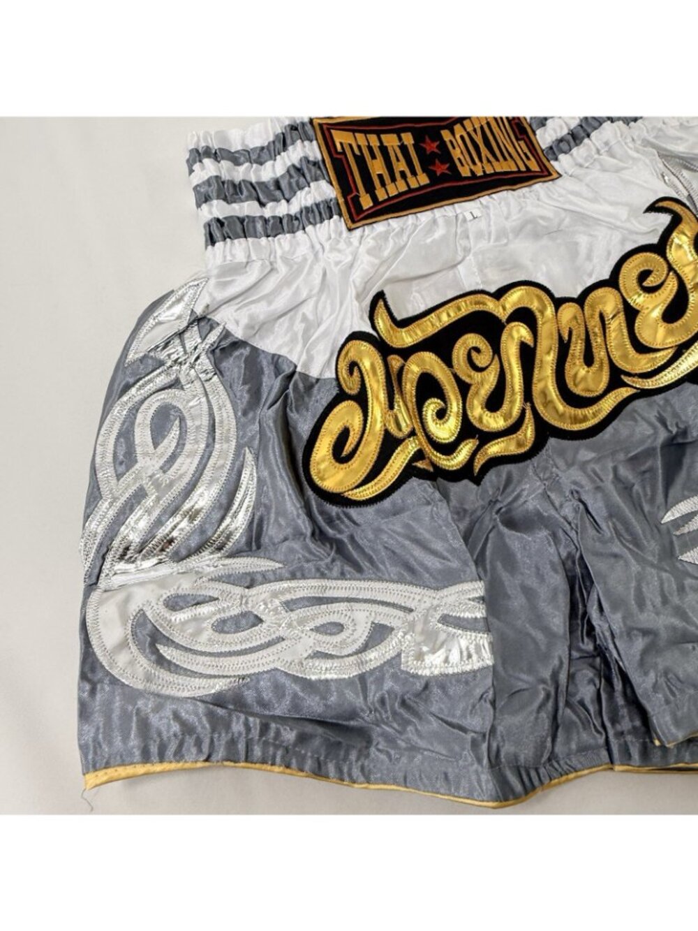 Muay Thai Boxing Shorts Men Women Size L Fonts Gray Gold Satin Patch Kickboxing - Picture 6 of 12
